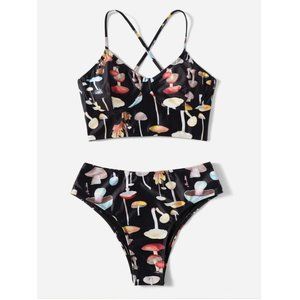 Romwe Mushroom Print Criss Cross Bikini Size Small